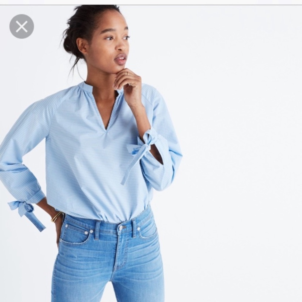 Madewell popover blouse blue stripe. Tie s…